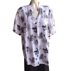 Animal Print Button Up Shirt Zebra Leopard Orchid‎ White Short Sleeve Top